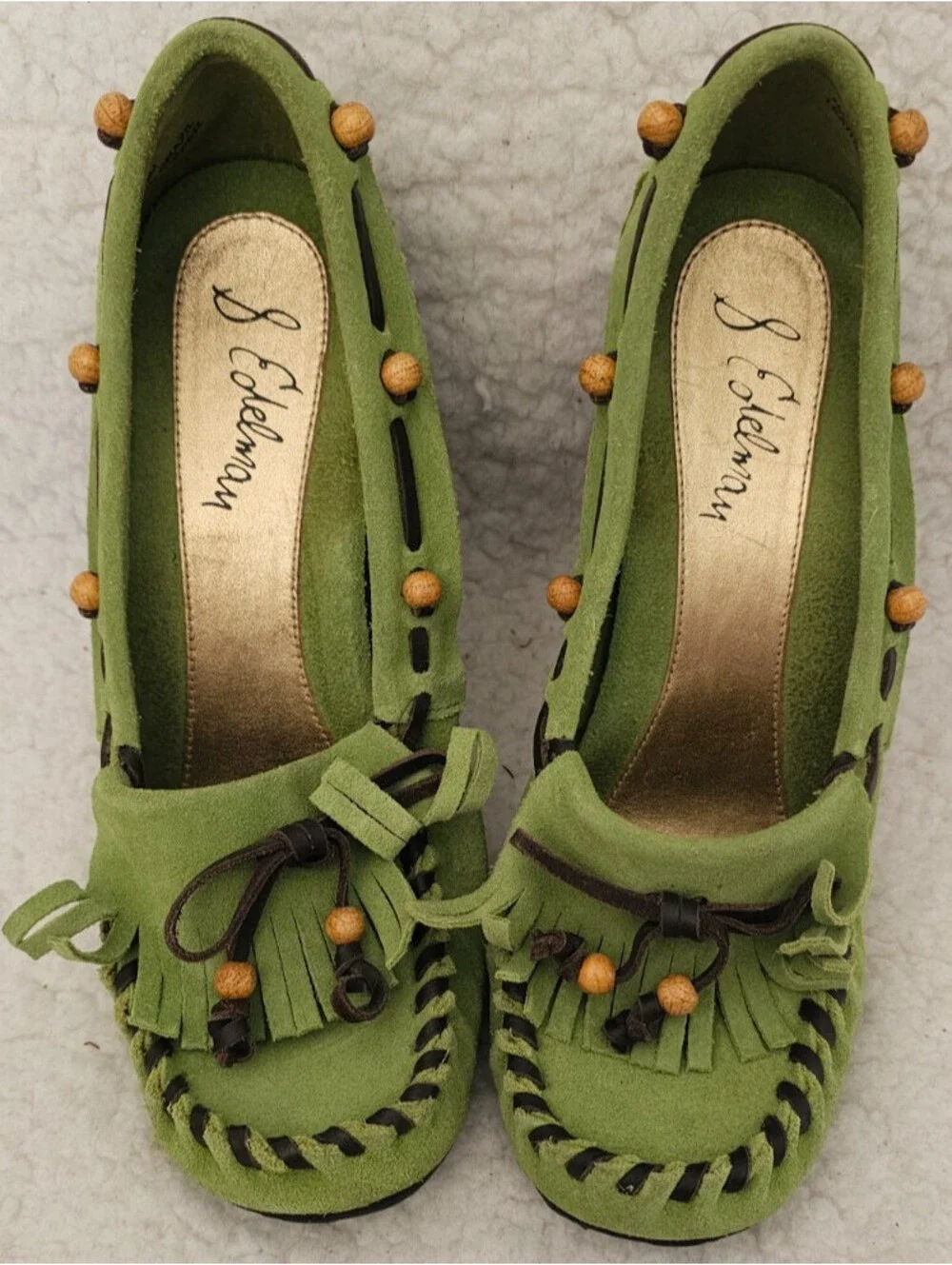 Sam Edelman Leather Wooden Heel Wedge Shoes Moccasins Green Size 8.5 M Slip On - Picture 2 of 15